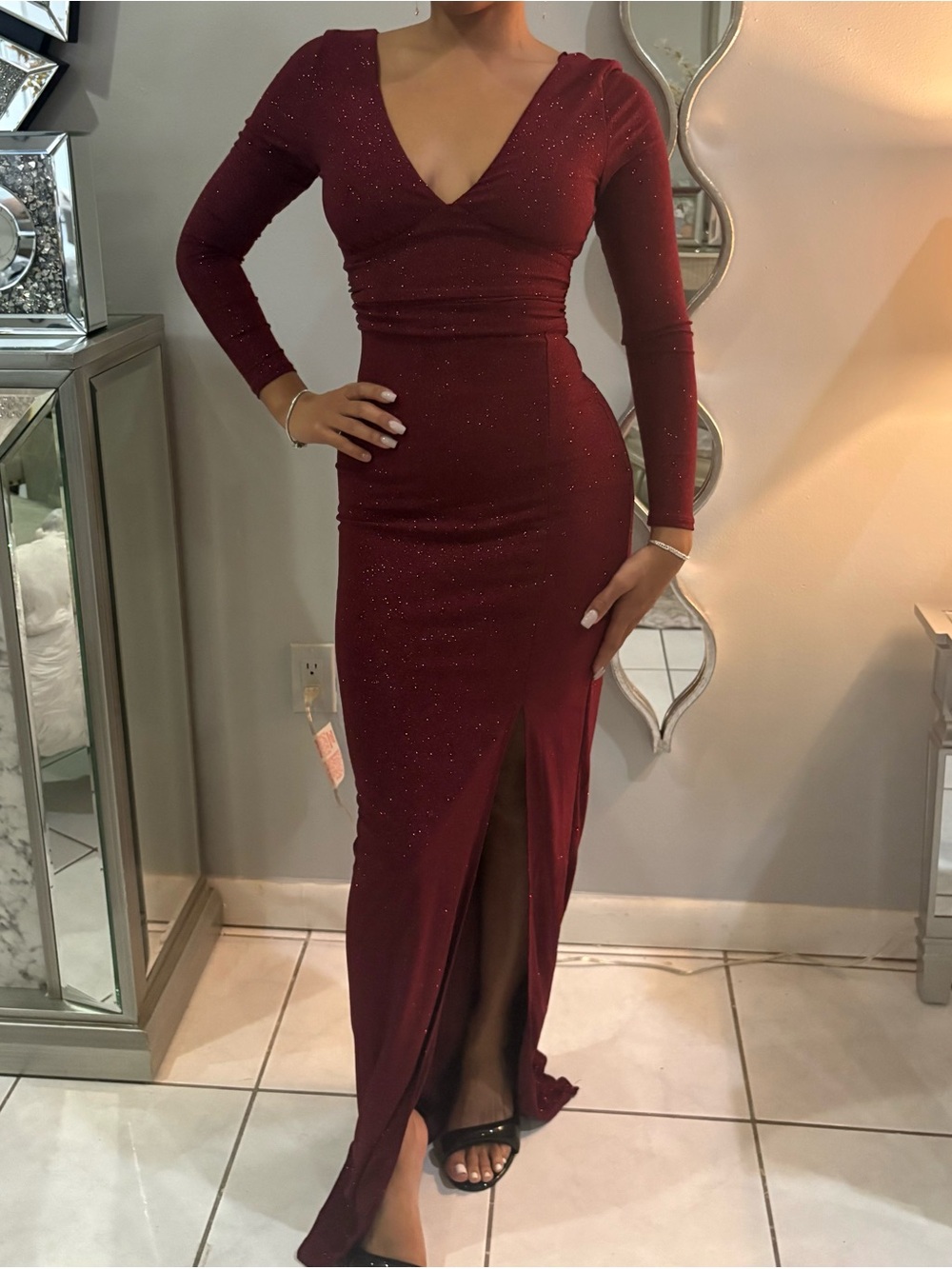 Burgundy Shimmer Long Sleeve V-Neck Gown with Front Slit
